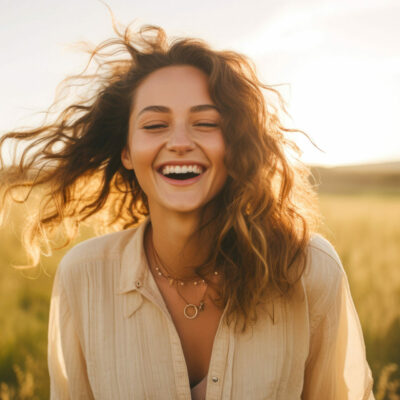 Young happy smiling woman standing in a field with sun shining through her hair